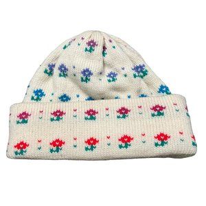 VTG White Stag Hatstalker Cream Floral Chunky Knit Wool Ski Beanie Hat